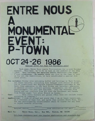 Item #022220 Entre Nous A Monumental Event: P-Town. Oct 24-26 1986 [Gay Motorcycle Club Event Flyer
