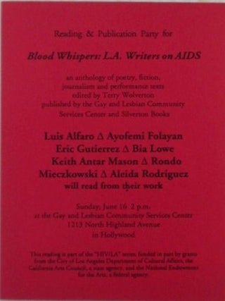 Item #022228 Blood Whispers: L.A. Writers on AIDS. Reading and Publication Party Handbill