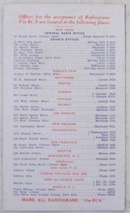 New York World's Fair (1939) Radiogram Greetings to Points in the United States. RCA promotional Booklet