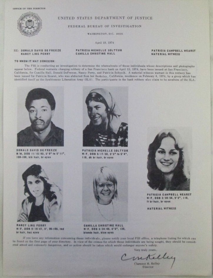 Item #022615 Symbionese Liberation Army (SLA) FBI Circular including Patricia (Patty) Hearst as A Material Witness Dated April 19, 1974.