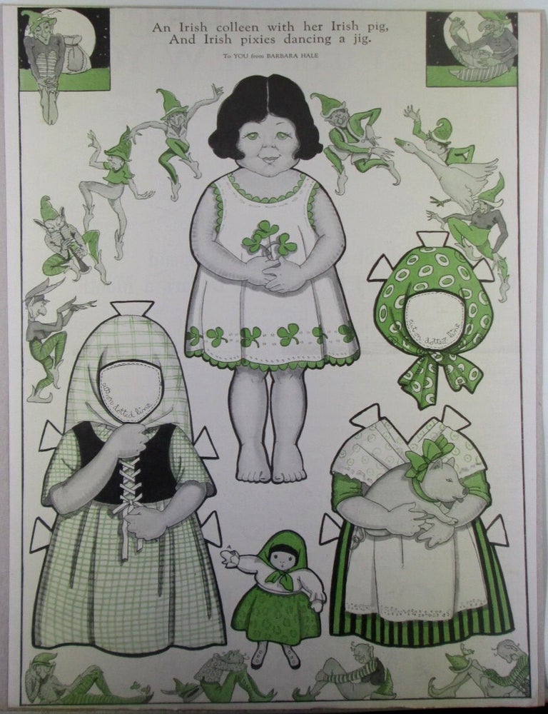 Item #022627 An Irish colleen and her Irish Pig, And Irish pixies dancing a jig Paper Dolls. McCall's March 1920. Barbara Hale, artist.