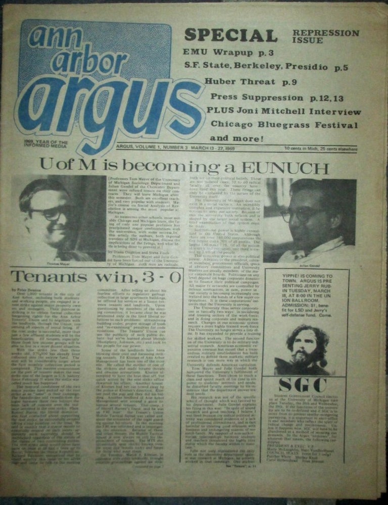 Item #022776 Ann Arbor Argus. Vol. 1, No. 3. March 13-27, 1969. John Sinclair, Joni Mitchell.