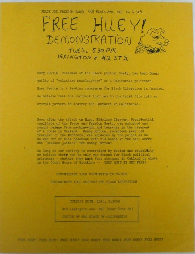 Item #022843 Free Huey! Demonstration. Tues. 530 pm Event Flyer. Peace Black Panthers, Freedom Party.