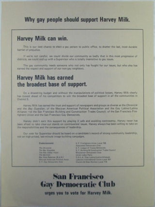 Why Gay People Should Support Harvey Milk. San Francisco Gay Democratic Club Urges You to Vote...