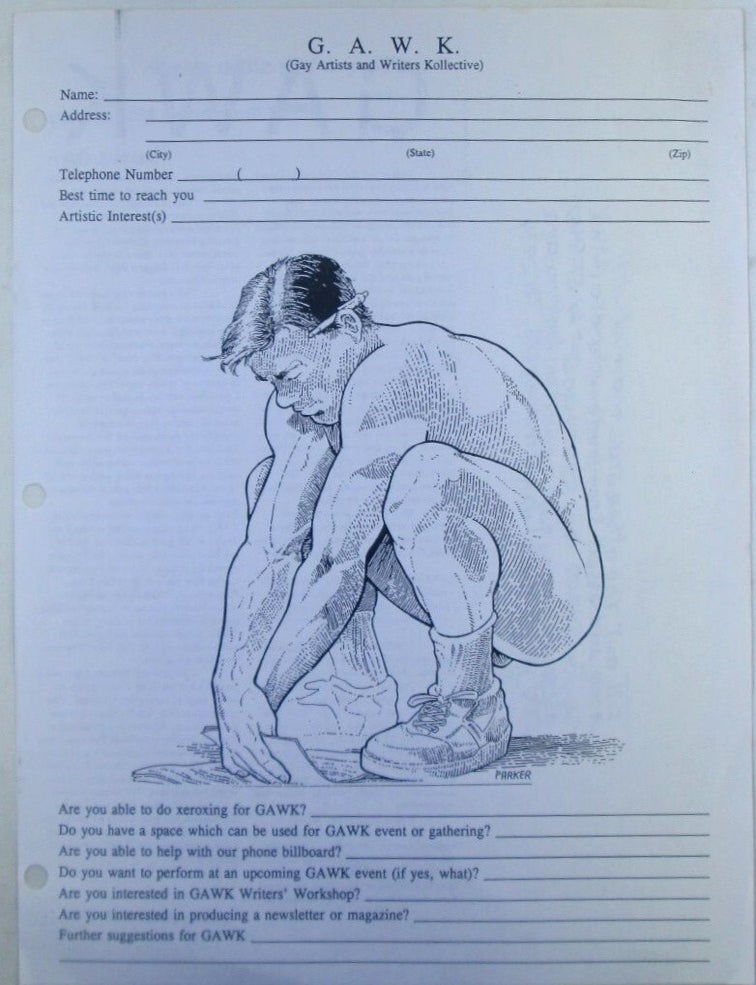 Item #022889 GAWK (Gay Artists and Writers Kollective) Questionnaire and Information. Zine ephemera LGBTQ.